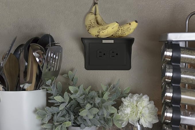 Power Perch Horizontal Outlet Shelf Organizer for Alexa Echo Dot Speakers, Phone - Wall Outlet Holder with Cord Storage Strap - Socket Shelf Bathroom Kitchen Counter Charging Station - Black 1 Pack