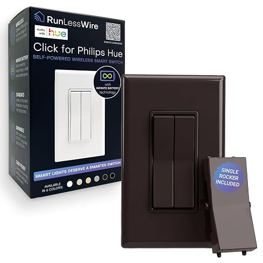 RunLessWire Click for Philips Hue Battery-Free Wireless Smart Switch Brown | Dimmable Kinetic Switch Pairs Natively to Philips Hue Bridge, 4 Programmable Buttons to Control Scenes & Areas, 100ft Range