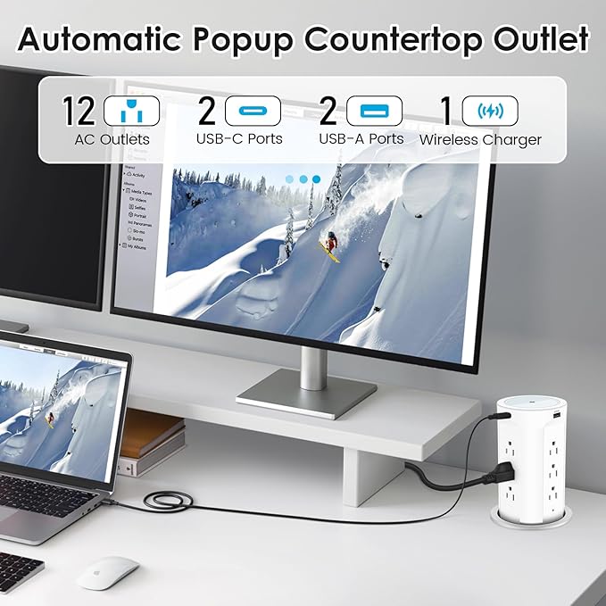 4-inch Pop Up Outlet for Countertop with 45W USB,17-in-1 Desktop Power Strip with 15W Wireless Charger,12 Outlets 4 USB Ports,15Amp Tamper Resistant Receptacle for Home Office Kitchen White