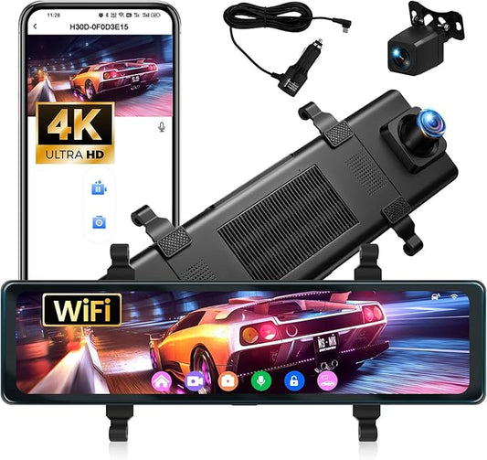 4K Mirror Dash Cam 11.26" Rear View Mirror Front and Rear View Dual Cameras with Night Vision,G-Sensor,Loop Recording,Parking Assistance,APP Control,24H Parking Monitor,Waterproof Backup Camera