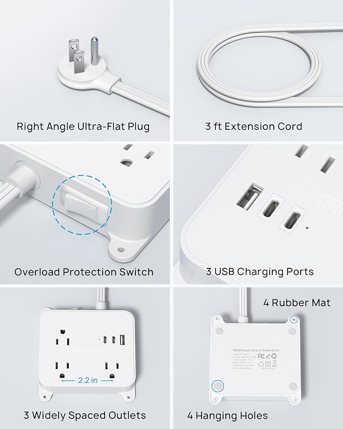 TROND 3FT Short Extension Cord, Ultra Thin Flat Plug Power Strip with 2 USB C, 3 AC Widely Spaced Outlets, Wall Mount Power Cord for Furniture, Screw on Wall Outlet Behind TV, Couch, Cabinet