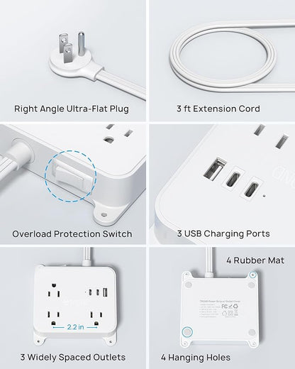 TROND 3FT Short Extension Cord, Ultra Thin Flat Plug Power Strip with 2 USB C, 3 AC Widely Spaced Outlets, Wall Mount Power Cord for Furniture, Screw on Wall Outlet Behind TV, Couch, Cabinet