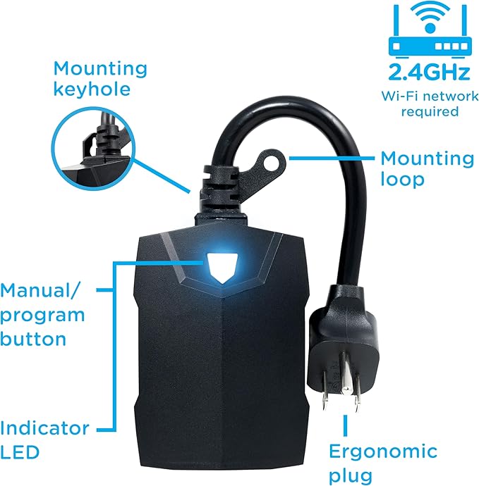 Enbrighten Vibe Outdoor Dual‑Outlet Wi‑Fi Matter Smart Plug, 2.4GHz, No Hub Required, Compatible with Alexa, Google Assistant and Apple HomeKit, Dual Grounded Plug‑in Outlets, 81912-TS1