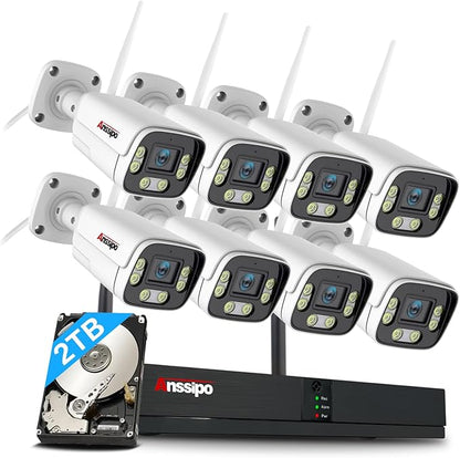 4K NVR Security Camera System Wireless, 8pcs Plug-in 3MP Security Cameras Outdoor Indoor, Dual Warning, 2 Way Audio, Color Night Vision, AI Detection, 8 CH WiFi Surveillance NVR, 2TB Hard Drive
