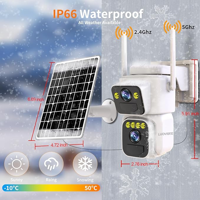 Luovisee Solar Security Cameras Outdoor Wireless, 2.4G/5G WiFi Cameras for Home Security, Dual Lens PTZ Motion Zone, 2-Way Audio, Night Vision, Weatherproof, SD/Cloud Storage