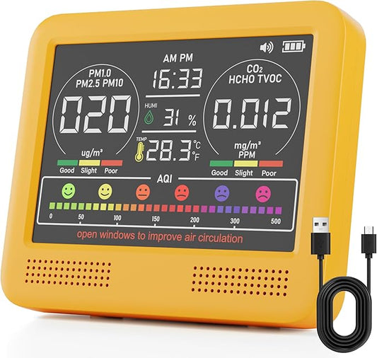16-in-1 Indoor Air Quality Monitor with PM1.0,PM2.5,PM10,CO2,HCHO,TVOC,Temperature,Humidity,Time Display &7 AQI Alarms – Professional Air Quality Tester for Home, Office & Indoor Use (Bright Yellow)