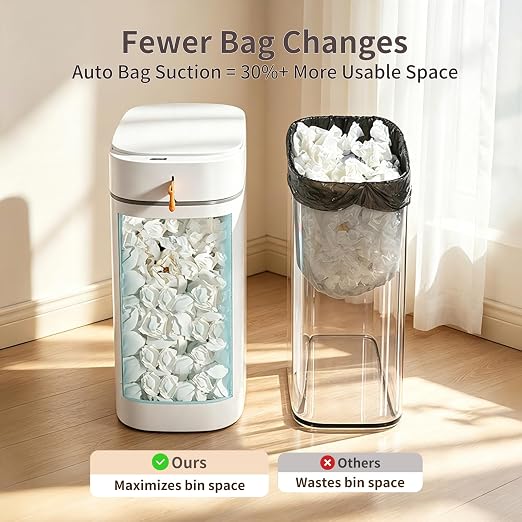 Bathroom Trash Can with Lid, 3.5 Gallon Small Automatic Motion Sensor Garbage Bin with Auto Bag Suction & One-Pull Self Sealing, Slim Smart Touchless Waste Basket for Bedroom, Office, Kitchen, Rv
