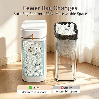 Bathroom Trash Can with Lid, 3.5 Gallon Small Automatic Motion Sensor Garbage Bin with Auto Bag Suction & One-Pull Self Sealing, Slim Smart Touchless Waste Basket for Bedroom, Office, Kitchen, Rv