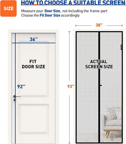 MAGZO Magnetic Screen Door Fit Door Size 36 x 92 Inch, Screen Size 38" x 93" Strong Magnets Mesh, Reinforced Fiberglass Net for Patio and Front Entrances, Gray