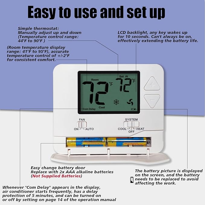 Heagstat Non-Programmable Thermostats for Home Conventional Single-Stage Systems, up to 1 Heat/ 1 Cool (with Green Backlight)