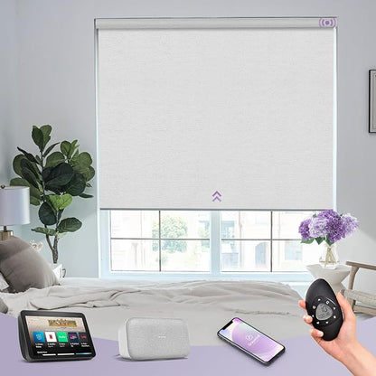 Graywind Smart Blackout Roller Shades for Alexa Google Textured Gleaming Fabric Rechargeable Motorized Blinds Cordless Remote Control Window Shades, Custom Size (Striped White) (GW-QZYM-TH00)
