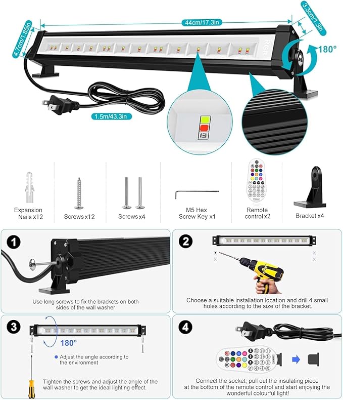 MEIKEE 25W RGBW LED Wall Washer Light, RGB Color Changing LED Strip Lights with Plug, IP66 Waterproof Outdoor RGBW Wall Strip Light Bar Outdoor Lighting for Christmas Halloween Stage 1 Pack