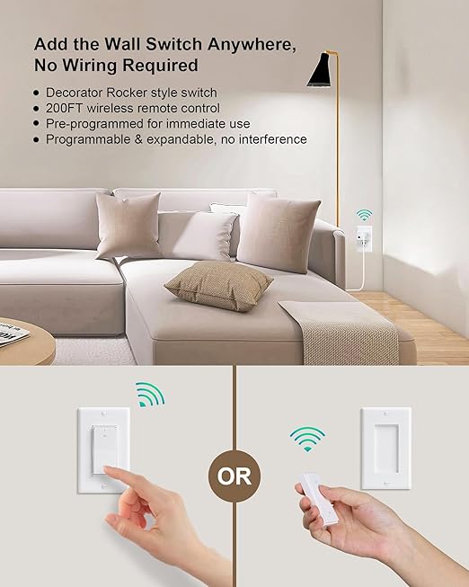 Wireless Remote Control Outlet, Decorator Rocker Wall Switch, 200FT Long Range, Mini Remote Outlet Plug, 15A/1875W High-Power for Lamps, Lights, Household Appliances(2 Switches and 1 Outlet)