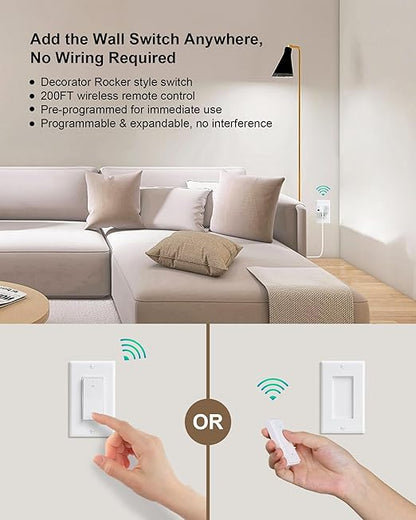 Remote Control Outlet, Decorator Rocker Wall Switch, 200FT Long Range Wireless Light Switch, Mini Remote Outlet Plug, 15A/1875W High-Power for Lamps, Lights, Household Appliances, ETL Listed