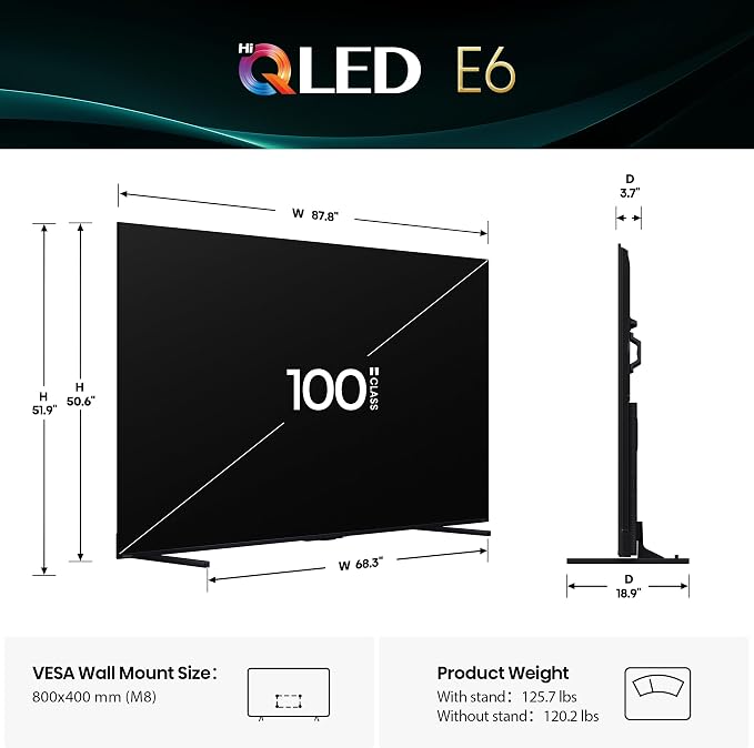 Hisense 100" Class E6 Series QLED 4K UHD Smart Fire TV (100E6QF, 2025 Model) - QLED, Native 144Hz, Dolby Vision IQ · Atmos, Motion Rate 240, HDR 10+, Game Mode Pro, Voice Remote with Alexa