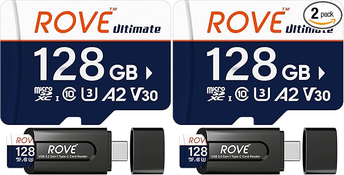 ROVE Ultimate Micro SD Card microSDXC 128GB Memory Card with USB 3.2 Type C Card Reader 170MB/s C10, U3, V30, 4K, A2 for Dash Cam, Android Smart Phones, Tablets, Games (Pack of 2)