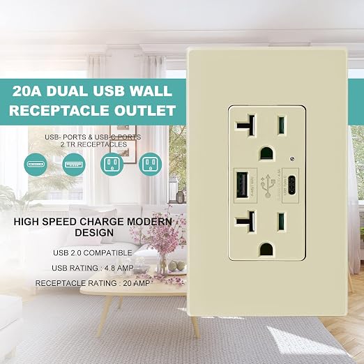 Micmi USB Outlet C + A, Light Almond Wall Dual High Speed Receptacle 4.8A Fast Charging Capability, 20Amp 125Volt, Tamper Resistant w/Wall Plate UL Listed (2Pack, Ivory, 20 Amp Outlet)