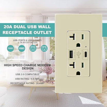 Ivory Outlet with USB C High Speed Charger Type C 4.8A Charging Capability, Child Proof Safety Receptacle 20 Amp, Tamper Resistant w/Wall Plate UL Listed MICMI (USB C Outlet 20Amp Ivory 10pack)