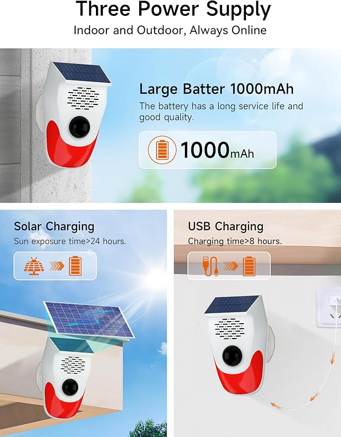 PILSAMAS Solar Motion Sensor Alarm with Custom Voice Upload - 120dB Loud Noise Maker & Strobe Lights, Remote Control, IP65 Waterproof for Deer/Bear Deterrent, Chicken Coop Security, Pool Safety Alerts