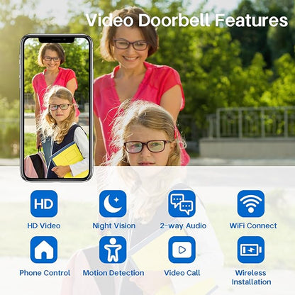 2K Video Doorbell Camera Wireless with Full-Body View & AI Detection - Night Vision, PIR Motion Alerts, Built-in Chime, IP65 Weatherproof, 32GB SD Card &Cloud Storage，No Monthly Fee