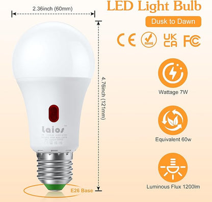 Laios Dusk to Dawn Sensor E26 Light Bulb, 7W LED Outdoor Photocell Lighting Bulb, 1200lm Equivalent 60W, Soft White(2700K), Auto ON/Off with Light Sensor, Pack of 4