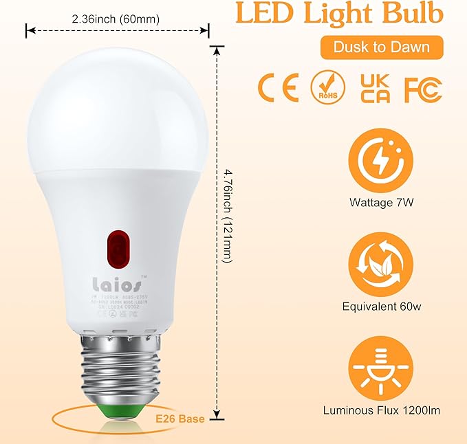Laios Dusk to Dawn Sensor E26 Light Bulb, 7W LED Outdoor Photocell Lighting Bulb, 1200lm Equivalent 60W,Daylight(5000K), Auto ON/Off with Light Sensor, Pack of 4