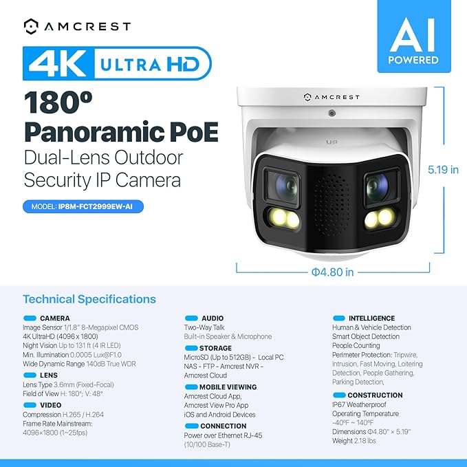 Amcrest Dual-Lens 4K (8MP) Outdoor Security POE Camera, 2 x 4MP Lenses PoE AI Turret IP Camera, 131ft Night Color, Human/Vehicle Detection, Panoramic 180° FOV, 2 x 4MP@25fps IP8M-FCT2999EW-AI (White)