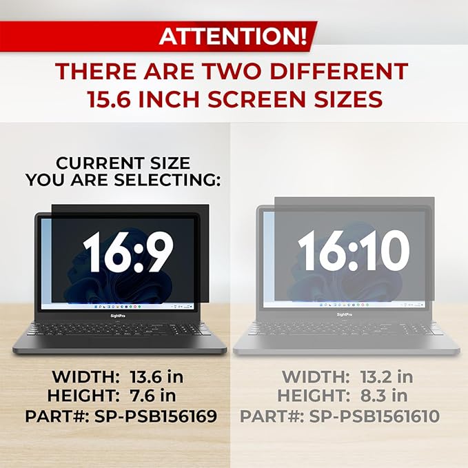 SightPro 15.6 Inch 16:9 Laptop Privacy Screen Filter - Computer Monitor Privacy Shield and Anti-Glare Protector