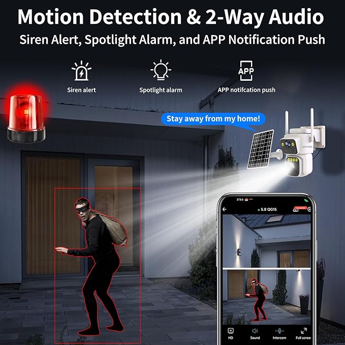 Luovisee Solar Security Cameras Outdoor Wireless, 2.4G/5G WiFi Cameras for Home Security, Dual Lens PTZ Motion Zone, 2-Way Audio, Night Vision, Weatherproof, SD/Cloud Storage