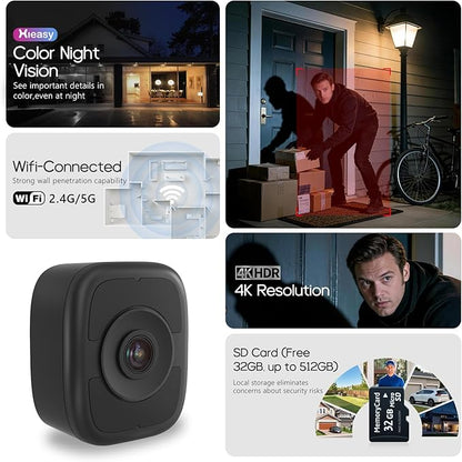 HIEASY 8MP 4K Window Security Camera, 2.4/5GHz Dual-Band WiFi Glass-Mount Camera, Anti-Reflection Night Vision, AI Human Detection, 24/7 Continuous Recording, 32GB SD Card Included, Black (4K-Black)