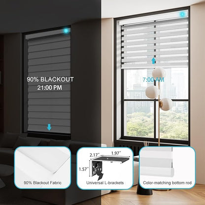 Motorized Zebra Blinds with Remote, Work with HomeKit Alexa, Smart Light Filtering Horizontal Automatic Electric Window Shades for Home Office Customsize(90% Blackout Wide White)