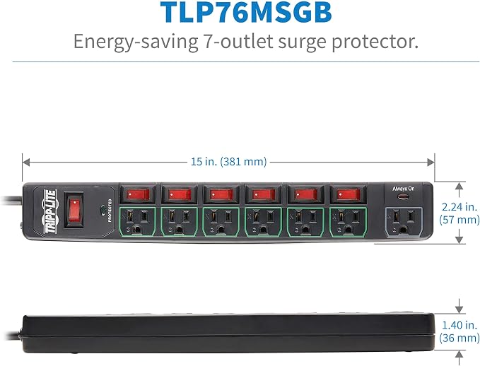 Tripp Lite 7 Outlet (6 Individually Controlled) Surge Protector Power Strip, 6ft Cord, Black, Lifetime Limited Warranty & 25K Insurance (TLP76MSGB)