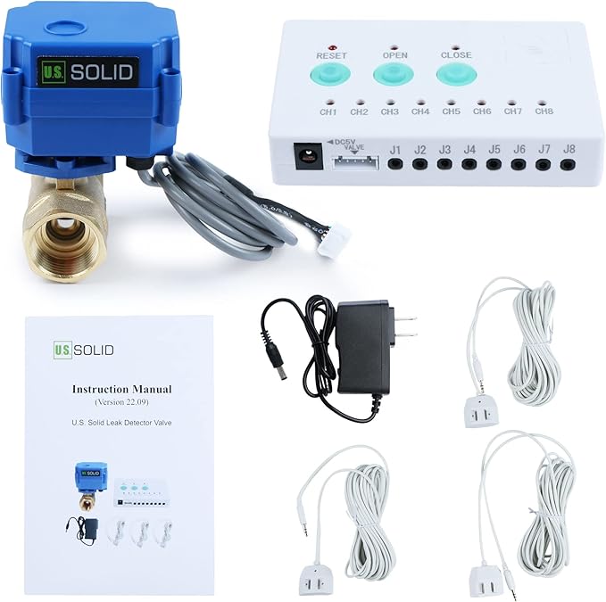 U.S. Solid Water Leak Detector with Auto Shutoff Valve, Sound Alarm, 3/4" Motorized Brass Ball Valve & 3 Sensors, Home Flood Prevention & Water Damage Defense for Basement, Laundry, Water Heater