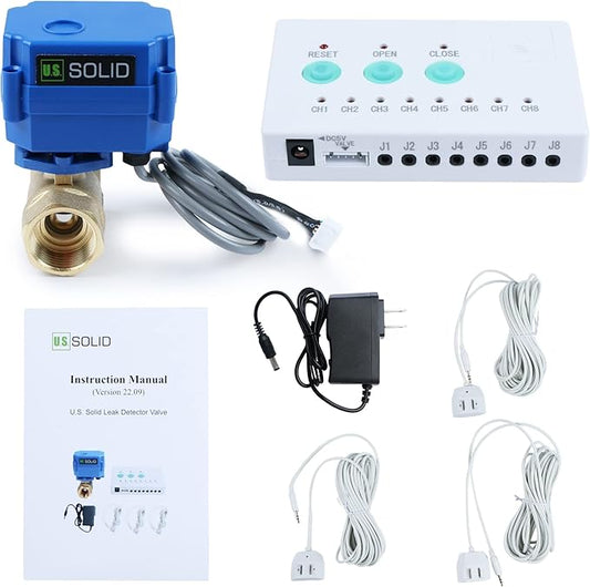 U.S. Solid Water Leak Detector with Auto Shutoff Valve, Sound Alarm, 3/4" Motorized Brass Ball Valve & 3 Sensors, Home Flood Prevention & Water Damage Defense for Basement, Laundry, Water Heater