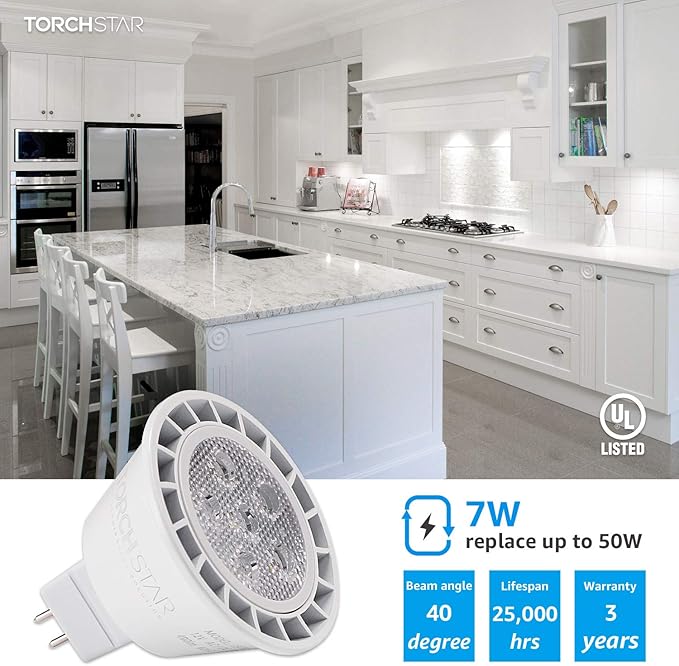 TORCHSTAR MR16 LED Bulb Dimmable, Aluminum, 12V 7W, GU5.3 Bi-Pin Base Spotlight, UL Listed, LED MR16 Light Bulbs for Recessed Track Lighting, 5000K Daylight, Pack of 6