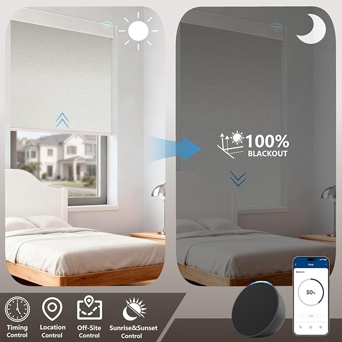 Motorized Blackout Roller Shades with Remote – Smart Blinds for Bedroom, Alexa Google Home Siri, Matter Compatible, Custom Electric Window Shades, Cordless Rechargeable