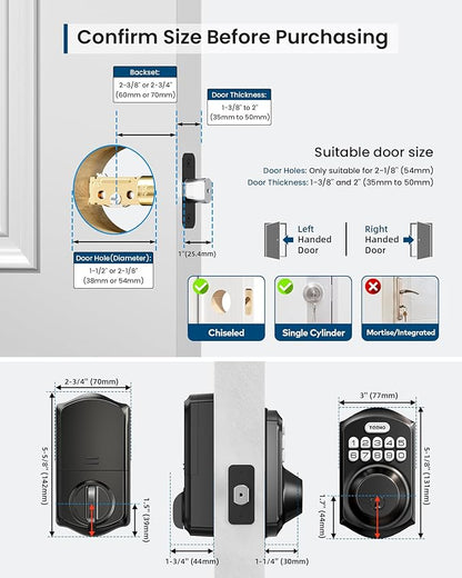 TEEHO TE011W Wi-Fi Keyless Entry Door Lock with Keypad - Smart Deadbolt Lock for Front Door with 2 Keys - Remote Control, Works with Alexa & Google, APP Unlock - Easy Installation - Matte Black