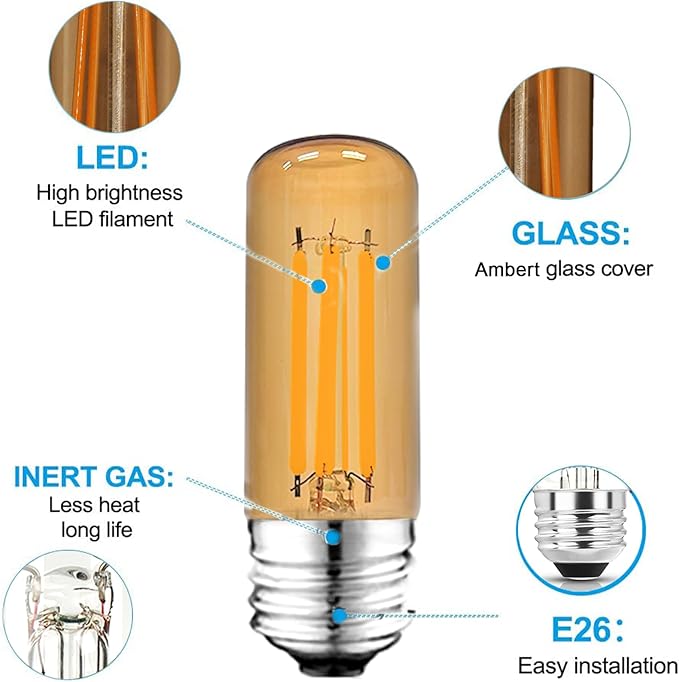 3.2 Inch 2200K Amber White E26 LED Bulb 60 Watt Equal, AC 120V 600LM Edison Bulbs Dimmable, 6W T10 T30 Tubular Filament Light Bulbs Glass for Fan Pendant Wall Light, UL Certified-4 Pack