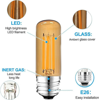 3.2 Inch 2200K Amber White E26 LED Bulb 60 Watt Equal, AC 120V 600LM Edison Bulbs Dimmable, 6W T10 T30 Tubular Filament Light Bulbs Glass for Fan Pendant Wall Light, UL Certified-4 Pack