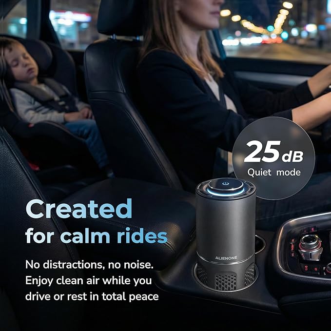 ALIENONE AP-C2-D Car Air Purifier, Portable Personal Mini Unit for Car Home Office Bedroom Desk Travel RV Camping, Compact Quiet Design, 360° Airflow for Small Spaces
