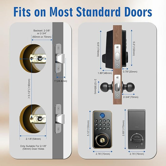 Fingerprint Door Lock with Handle Set,Electronic Keypad Deadbolt with 2 Knobs,APP,Auto Lock,100 User Codes,One Time Code,Voice Prompts,Anti-Peeking Password,Home, Apartment,Satin Nickel