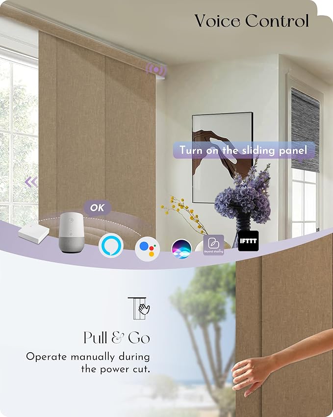 Graywind Rechargeable Smart Sliding Panels Compatible with Alexa Google Motorized Panel Track Blinds Remote Control for Patio Sliding Door Closet Door Width Up to 177" Custom Size (Coffee)