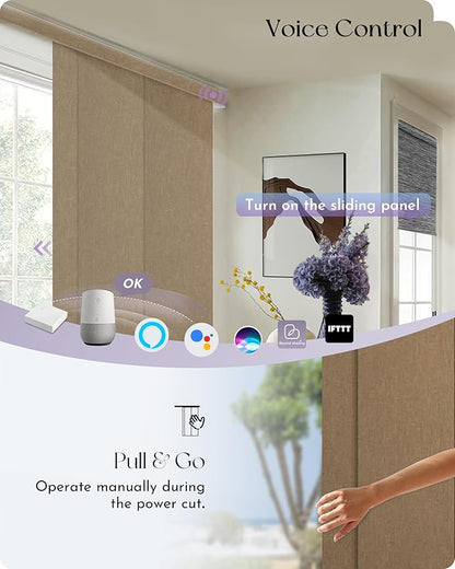 Graywind Rechargeable Smart Sliding Panels Compatible with Alexa Google Motorized Panel Track Blinds Remote Control for Patio Sliding Door Closet Door Width Up to 177" Custom Size (Coffee)