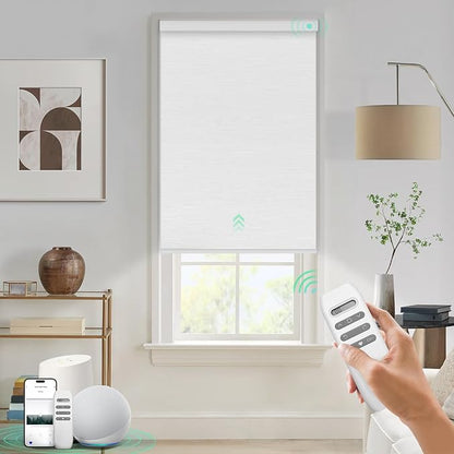 HeyBlinds Blackout Motorized Smart Blinds with Remote, Automatic Electric Shades for Windows (Moon Bay- White BO, 25" W x 72" H)