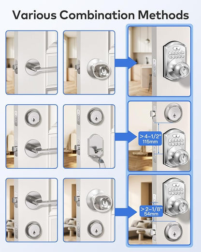 TEEHO TE018 Smart Door Knob with Keypad, App Control, Keyless Entry Digtal Door Lock with Handle, Remote Share One-Time Code, Auto Lock, Easy Installation for Front Door, Bedroom, Rental, Satin Nickel