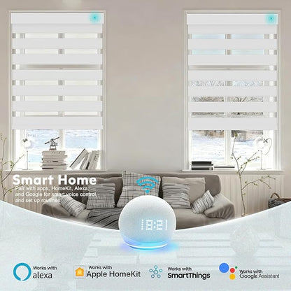 Motorized Zebra Blinds with Remote Smart Blind Work with Homekit Alexa SmartThings Electric Shade Cordless Automatic Solar Powered Window Shade Customize(100% Blackout Pure White)