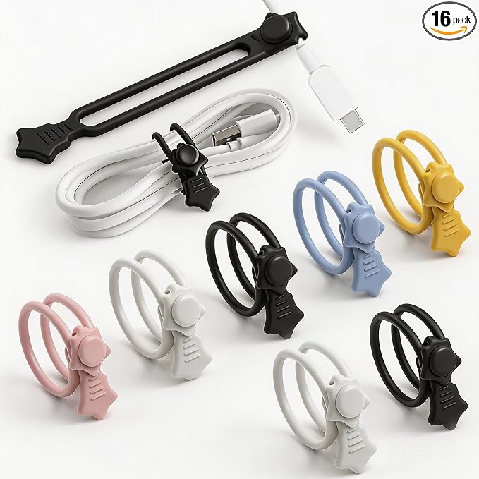 Silicone Cable Ties 16PCS Reusable Cord Organizer for Home Travel | Cord Organizer for Charging Cables, Data Cables & Computer Wires, Multipurpose Elastic Cable Management Straps（colorful）