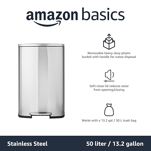 Amazon Basics LARGE Trash Can, 13.2 Gallon (50L), Smudge Resistant Rectangular Bin with Soft-Close Lid, Step Foot Pedal, Removable Inner Bucket, Brushed Stainless Steel, Satin Nickel Finish
