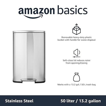 Amazon Basics LARGE Trash Can, 13.2 Gallon (50L), Smudge Resistant Rectangular Bin with Soft-Close Lid, Step Foot Pedal, Removable Inner Bucket, Brushed Stainless Steel, Satin Nickel Finish