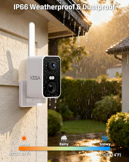 Xega 4G Cellular Security Camera: 10000mAh Battery, No WiFi Need, Pan 180°, Motion Detection, 2K Color Night Vision, 2-Way Audio, Siren Alarm, TF/Cloud IP66, Built-in SIM Card, Indoor and Outdoor
